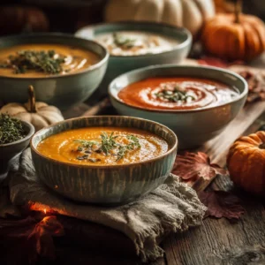 A rustic fall table with assorted healthy soups, mini pumpkins, and autumn decor