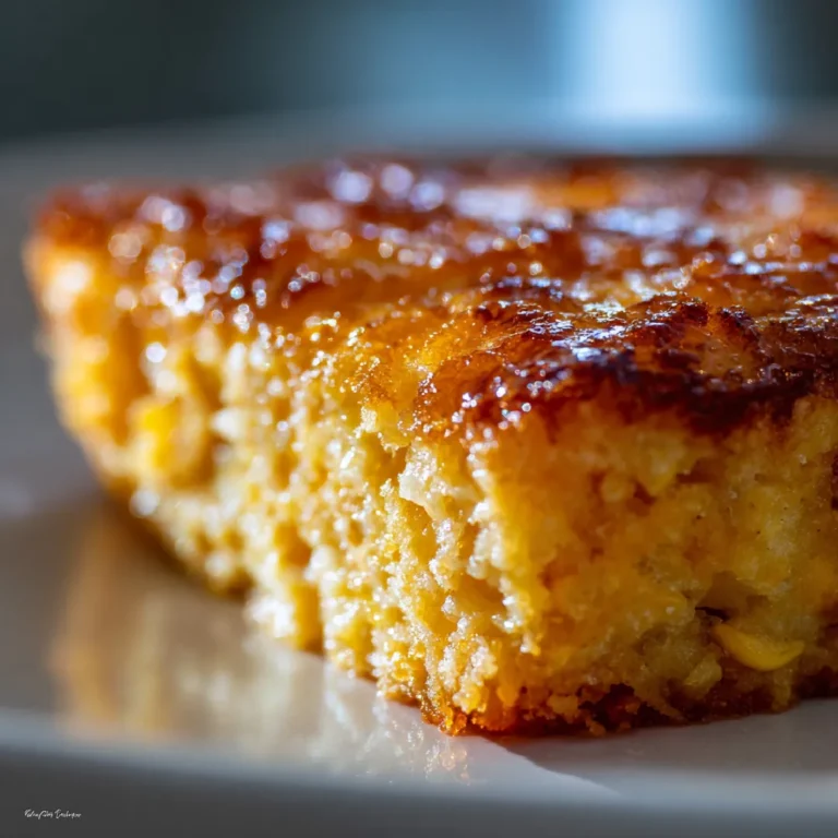 Honey-Glazed Corn Casserole 3 Close-up of honey-glazed corn casserole serving showing moist, golden interior.