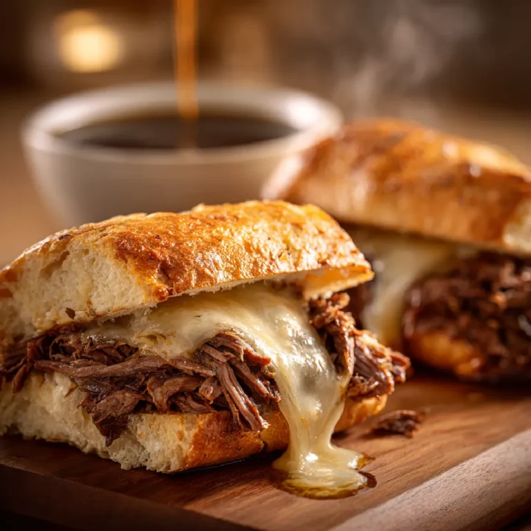 Crock Pot French Dip Sandwiches 3 Close-up of a cheesy French Dip Sandwich with shredded beef and steamy melted cheese