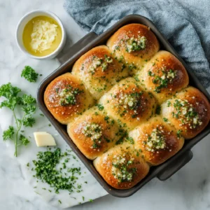 Freshly baked garlic butter bread rolls in a baking dish topped with parsley and minced garlic.