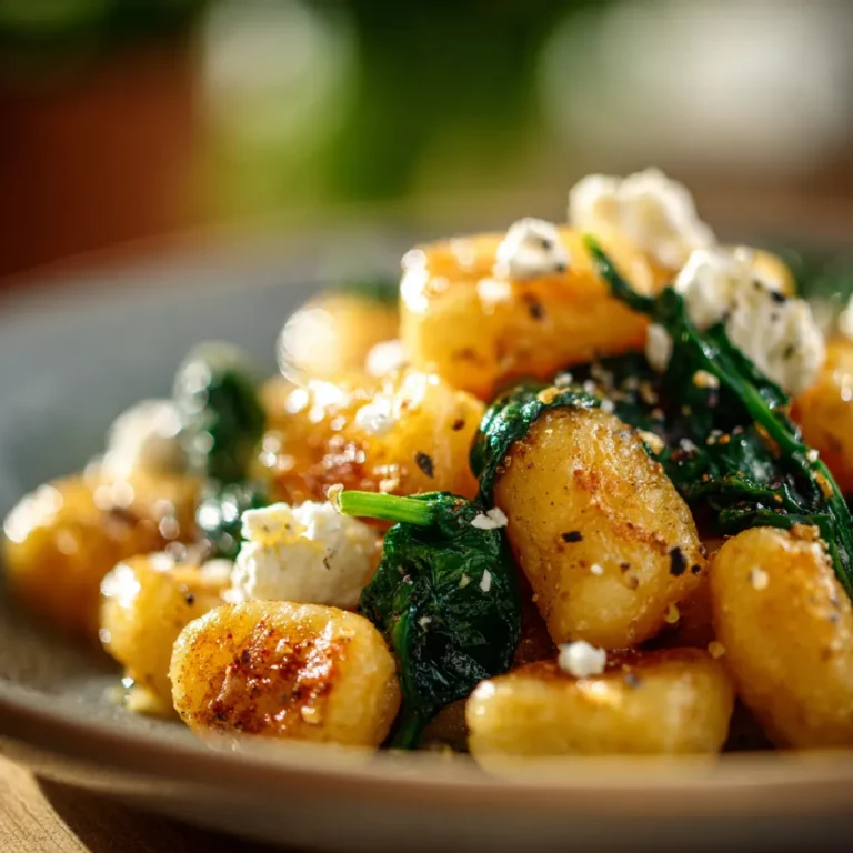 Creamy Gnocchi with Spinach and Feta 3 Close-up of crispy gnocchi with sautéed spinach and melted feta cheese.