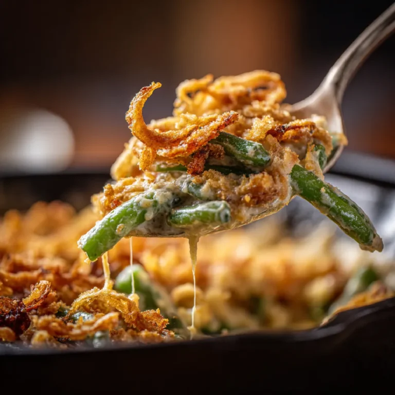 Green Bean Casserole 3 Close-up of green bean casserole scoop with creamy sauce and crispy onion topping