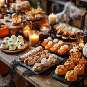 Halloween party table with spooky treats like mummy hot dogs, ghost cupcakes, and pumpkin cheese balls