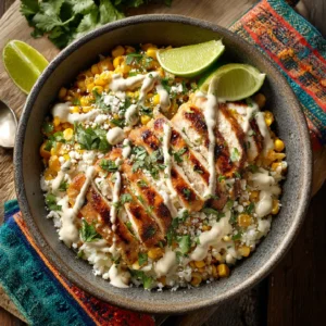 Top view of a healthy street corn chicken rice bowl with grilled chicken, corn, and rice