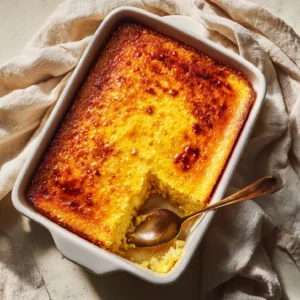 Overhead view of honey-glazed corn casserole with golden crust in white dish and serving spoon.