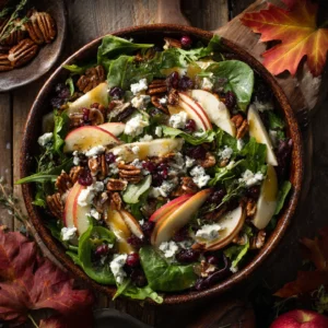 Harvest salad with Honeycrisp apples, feta, pecans, and cranberries in a rustic bowl on a wooden table
