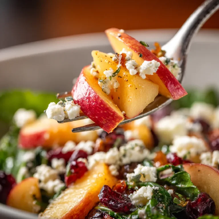 Honeycrisp Apple and Feta Salad 3 Close-up of fork with Honeycrisp apple slice, feta, and salad greens from fall salad