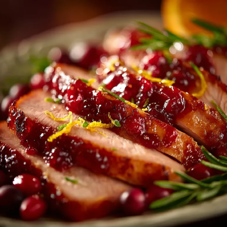 Cranberry Orange Glazed Turkey Breast 3 Close-up of juicy cranberry orange glazed turkey breast with glossy citrus glaze and fresh cranberries