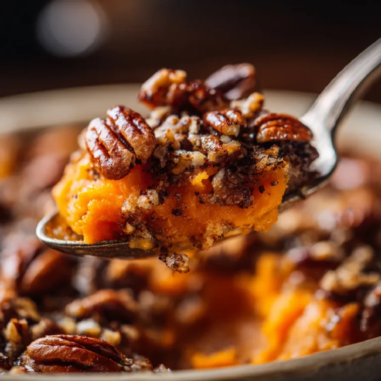 Maple Sweet Potato Casserole 3 Close-up of creamy maple sweet potato casserole with a crunchy candied pecan topping.