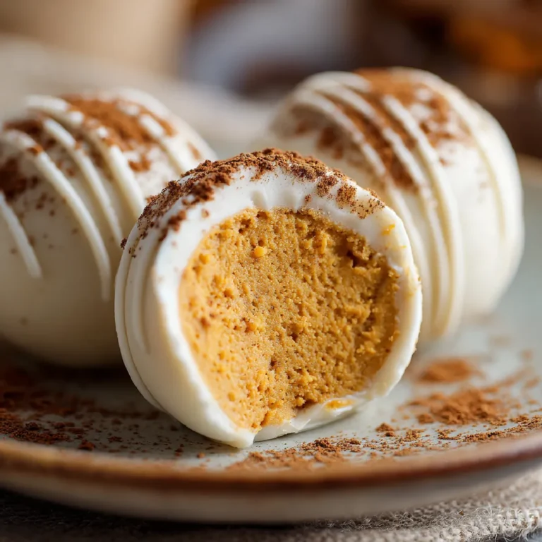 No Bake Pumpkin Cheesecake Balls 3 Close-up of a halved pumpkin cheesecake ball showing creamy filling and white chocolate coating