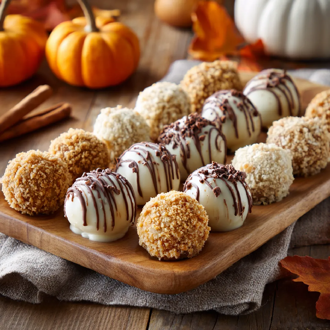 no-bake-pumpkin-cheesecake-balls Overhead view of no bake pumpkin cheesecake balls on a rustic table with fall-themed decorations