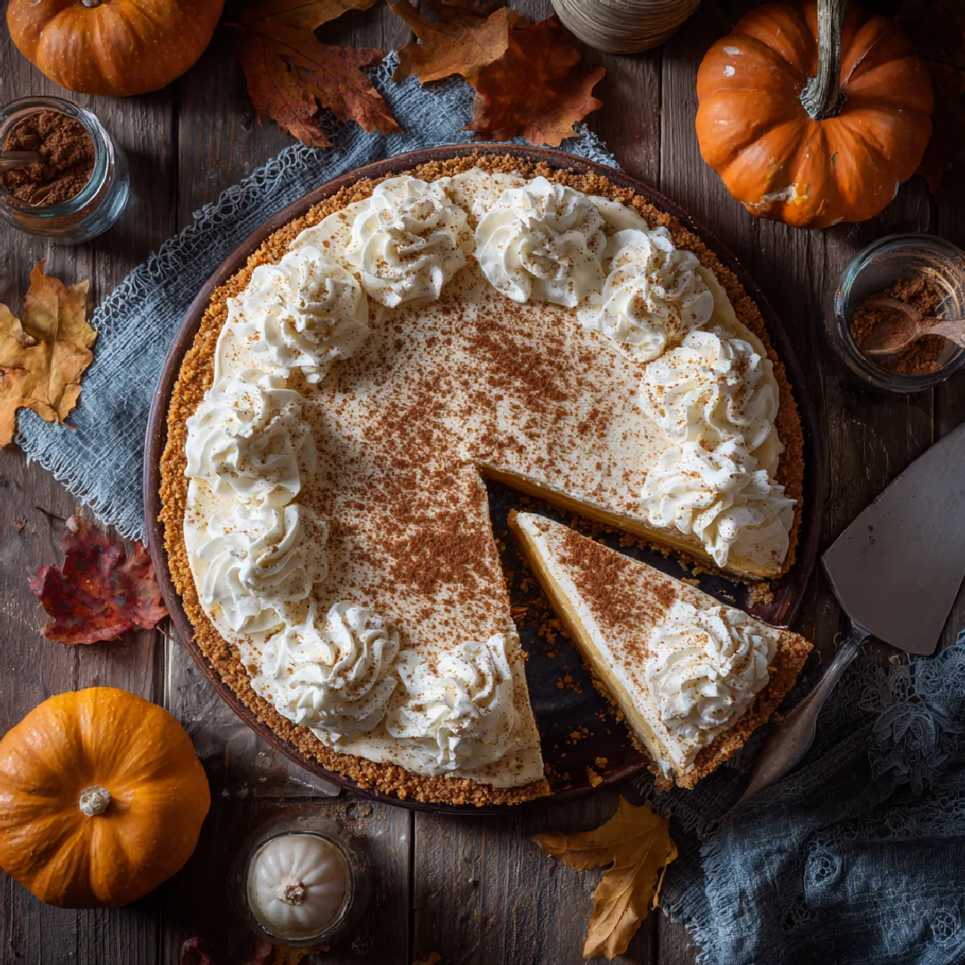 pumpkin-pie-cheesecake-featured Pumpkin Pie Cheesecake with whipped cream on rustic plate