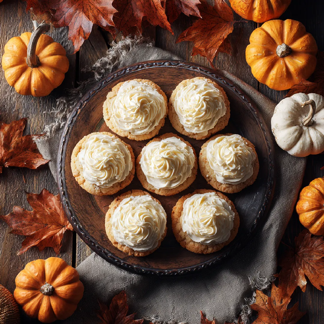 pumpkin-sugar-cookies-cream-cheese-frosting-fall-dessert Plate of pumpkin sugar cookies with cream cheese frosting surrounded by pumpkins and fall decor.
