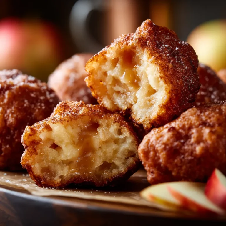 Apple Fritter Bites 3 Close-up of a fried apple fritter bite with gooey cinnamon apple filling and crispy golden crust.