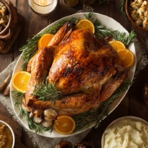 Whole Thanksgiving roast turkey on a platter with herbs and sides, set on a rustic wooden table.