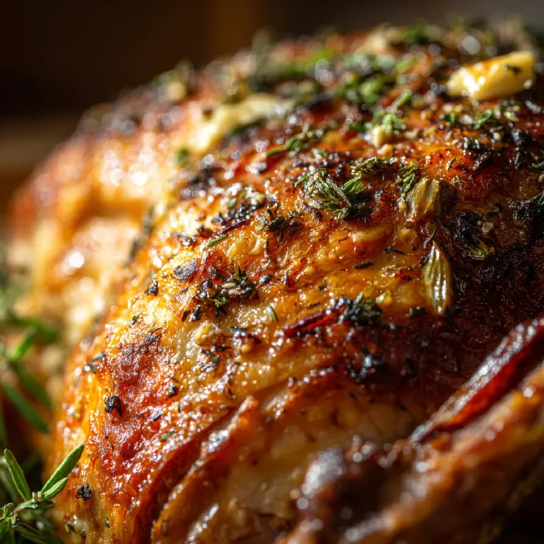 Roast Turkey 3 Close-up of crispy roast turkey skin with tender meat and herb garnish.