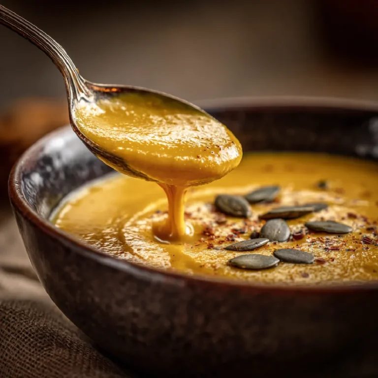 Roasted Pumpkin Soup Recipe 3 Close-up of a spoonful of creamy roasted pumpkin soup with cream and pumpkin seed garnish.