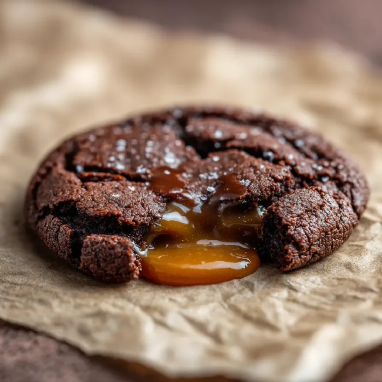 Salted Caramel Chocolate Cookies 3 Close-up of a salted caramel chocolate cookie with a gooey caramel center and sea salt flakes on parchment.