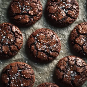 Overhead view of salted caramel chocolate cookies topped with sea salt and gooey caramel, arranged neatly on parchment paper.