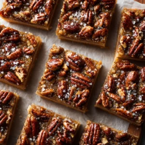 Top-down view of salted maple pecan pie bars arranged in a neat 3x4 grid on parchment paper with sea salt on top