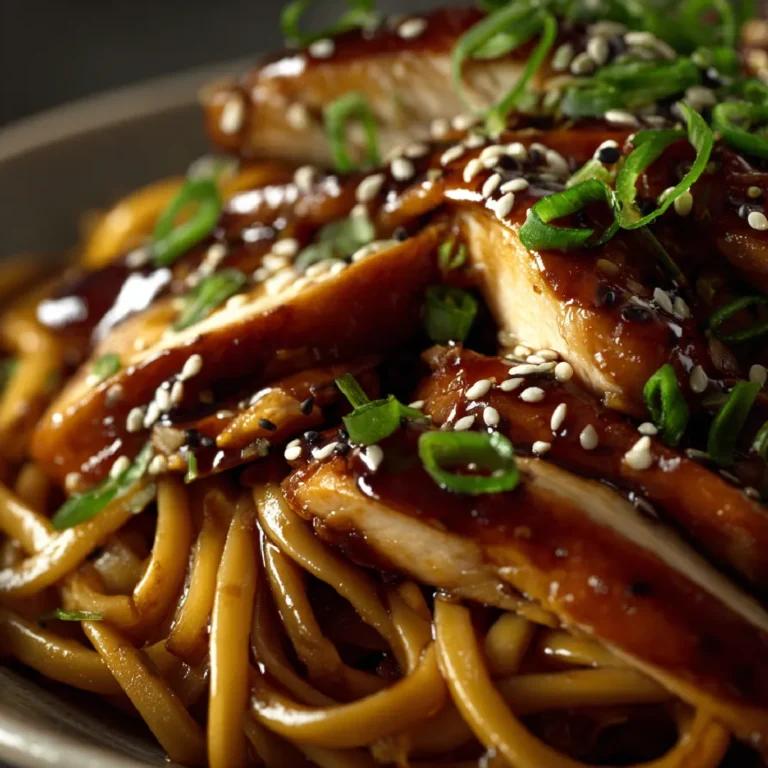 Sticky Garlic Chicken Noodles 3 Close-up of sticky garlic noodles with chicken and sesame seeds