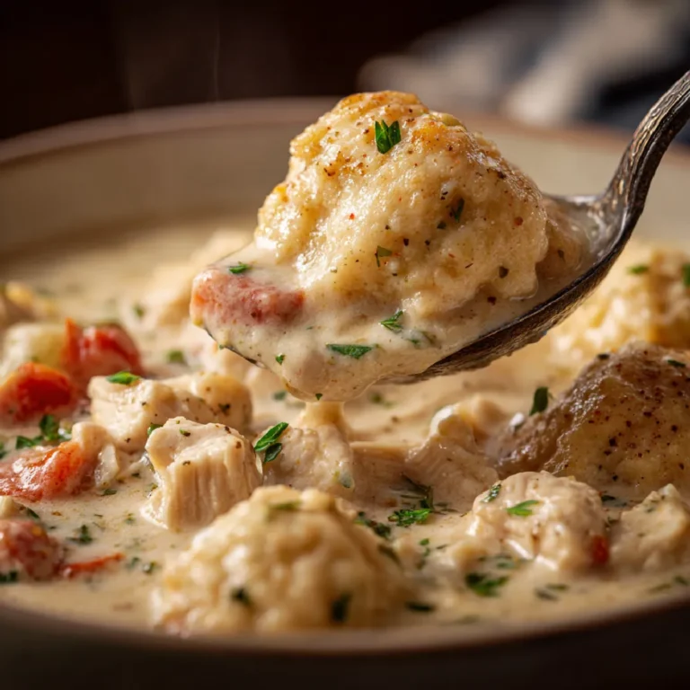 Crockpot Chicken and Dumplings 3 Spoon lifting creamy chicken and dumplings from a crockpot