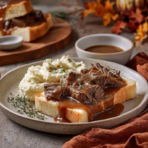 Overhead view of Slow Cooker Beef Manhattan with mashed potatoes and brown gravy on a rustic table.