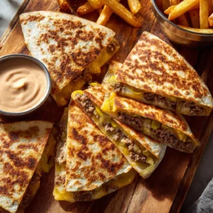 Overhead view of crispy smashburger quesadillas with cheese, pickles, and ground beef.