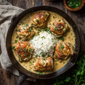 Smothered chicken and rice in skillet