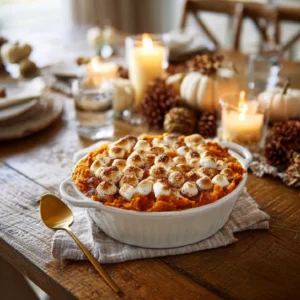 Southern-style sweet potato casserole topped with toasted marshmallows in a white baking dish