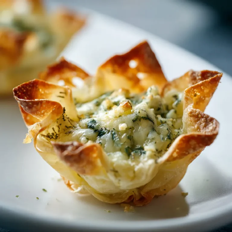 Spinach and Artichoke Wonton Cups 3 Close-up of a single spinach and artichoke wonton cup with golden crispy edges