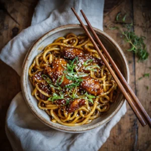 Overhead shot of sticky garlic chicken noodles in a bowl with sesame seeds and scallions