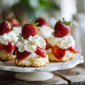 Small strawberry shortcake cookies with whipped cream and strawberries on top, perfect for summer desserts.