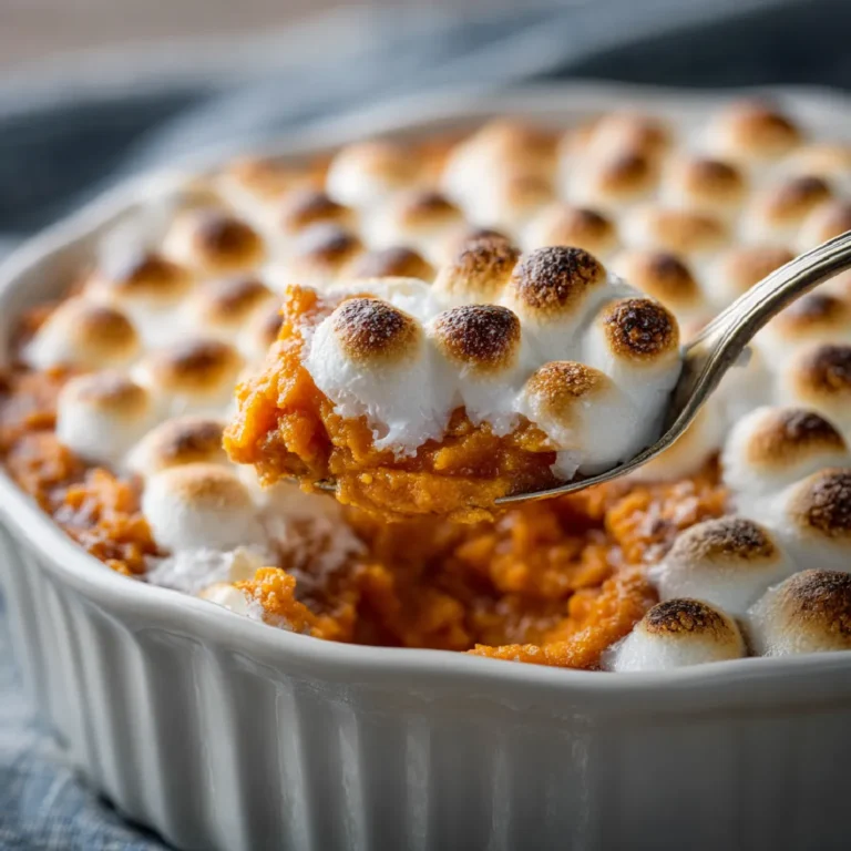 Sweet Potato Casserole with Marshmallows 3 Close-up of toasted marshmallows on mashed sweet potato casserole