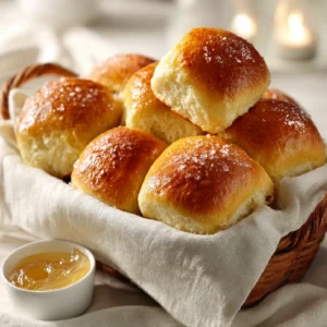 Overhead view of golden homemade Texas Roadhouse rolls with cinnamon butter in a cloth-lined basket.