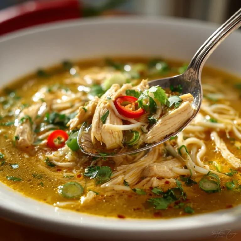Thai Chicken Soup 3 Close-up of Thai chicken soup with tender chicken, noodles, and spicy chili in rich broth