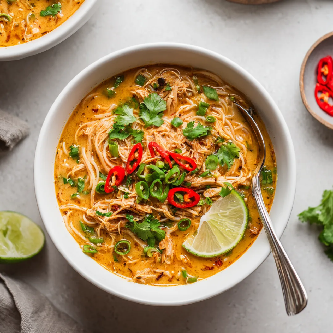 thai-chicken-soup-overhead-bowl. Overhead view of Thai chicken soup with noodles, chili slices, and lime in a white bowl
