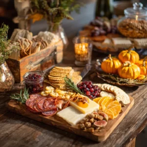 Overhead view of a fall-themed Thanksgiving charcuterie board with meats, cheeses, fruits, and mini pumpkins on a rustic wood table.