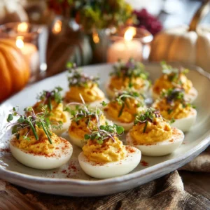 Thanksgiving appetizer deviled eggs served on a festive platter with paprika and chives, surrounded by fall decor.