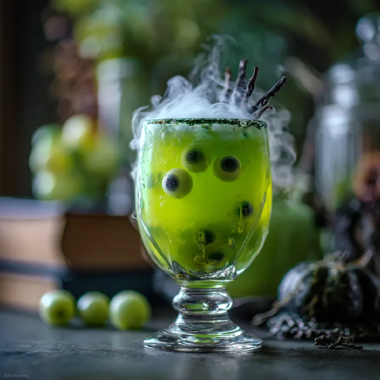 Witch’s Potion Punch: A Spooky Halloween Punch Recipe Kids Love 3 Close-up of green Halloween punch with eyeball candy and spooky mist.
