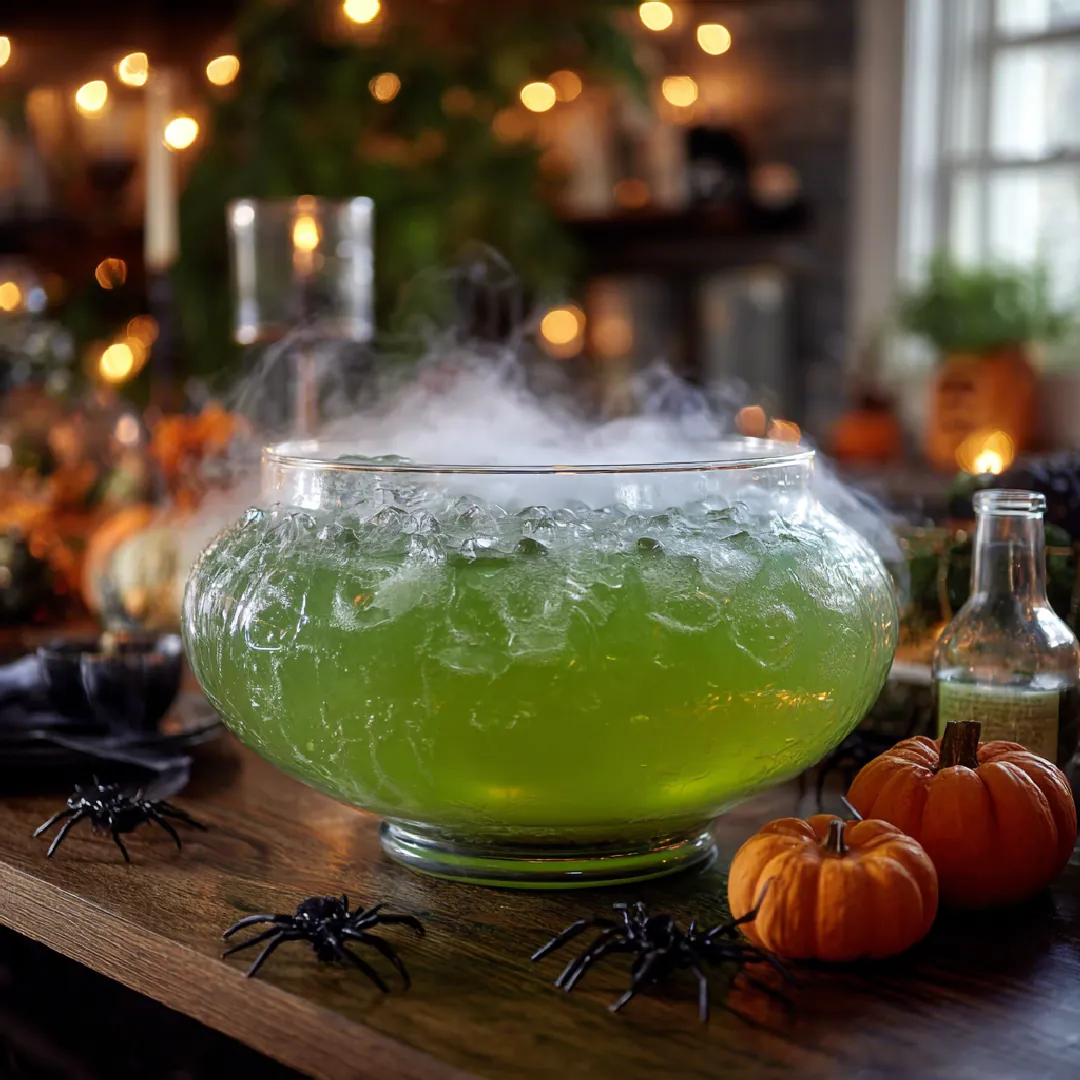 witchs-potion-punch-halloween Green Halloween punch in a glass cauldron bowl with spooky decorations and fog.