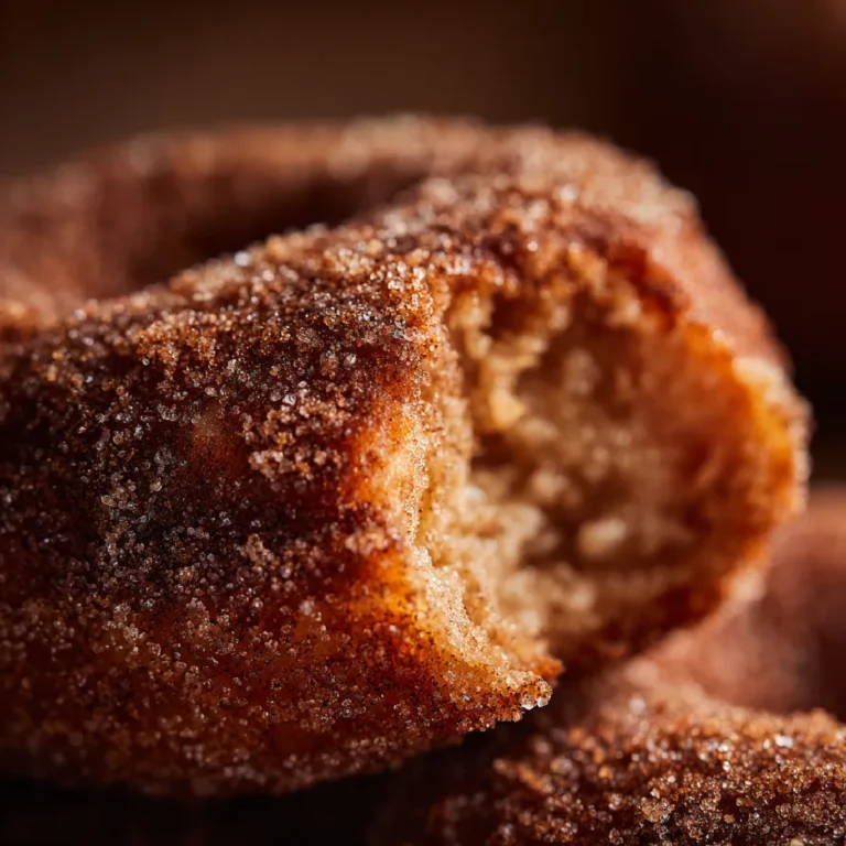Close-up of bitten apple cider donut showing moist interior