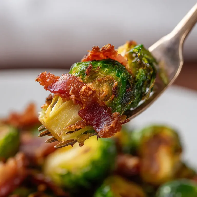 Bacon Brussels Sprouts 3 Fork holding a crispy Brussels sprout with bacon, golden and juicy.