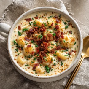 Bacon Cheddar Gnocchi Soup with bacon and cheese