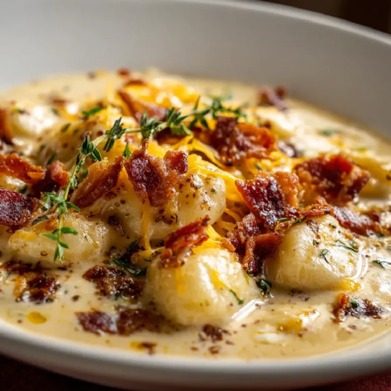 Bacon Cheddar Gnocchi Soup 3 Closeup of cheesy bacon gnocchi soup with rich texture