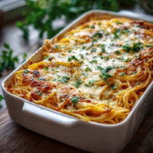 Baked Cream Cheese Spaghetti Casserole hot from the oven