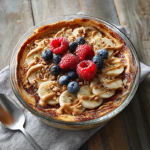 Baked Protein Pancake Bowl with fresh berries and maple syrup