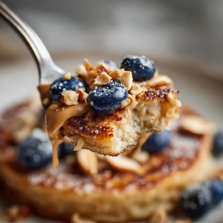 Baked Protein Pancake Bowl 3 Close-up of a spoonful of baked pancake with peanut butter and blueberries
