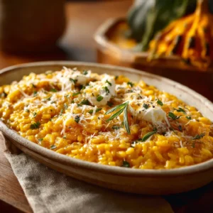Baked Pumpkin Goat Cheese Risotto 2 Baked Pumpkin Goat Cheese Risotto served in rustic bowl