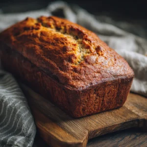 Banana bread freshly baked on rustic wooden table